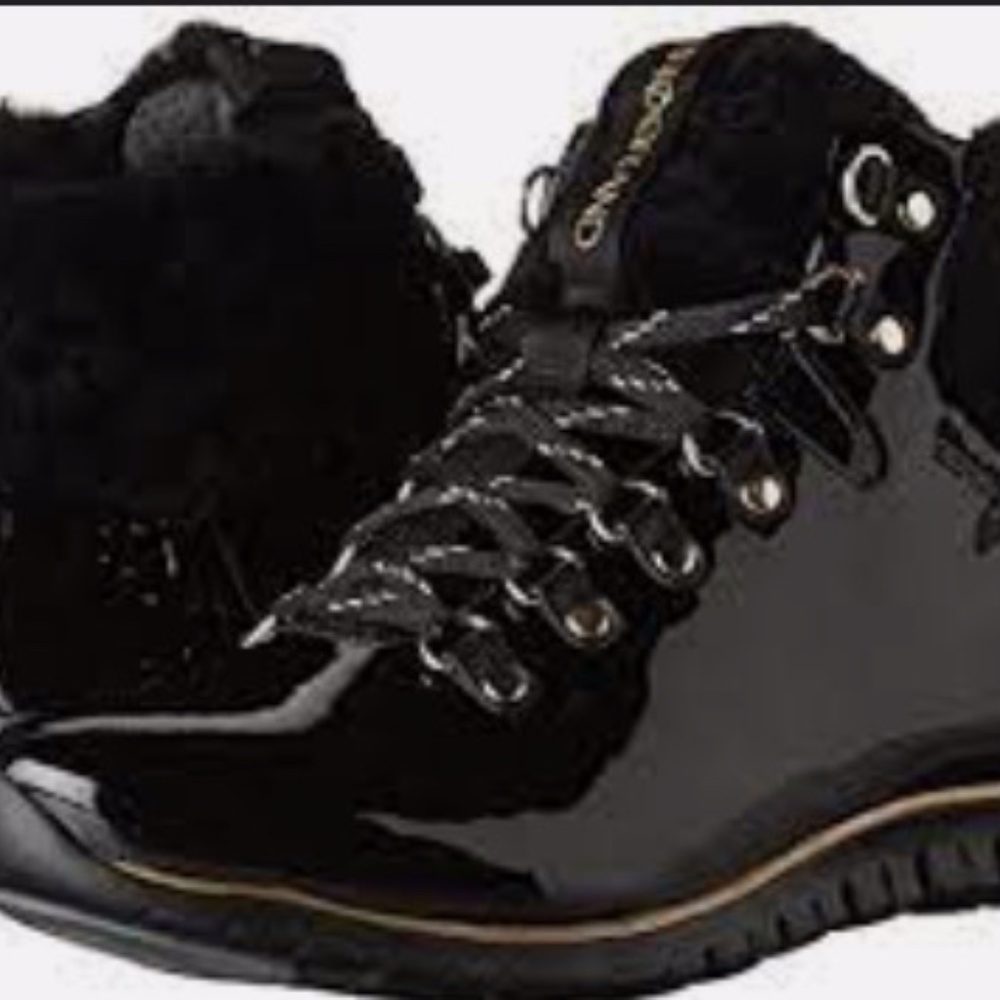 HTF Cole Haan Zerogrand Black PATENT Shearling HIKER BOOT 8.5